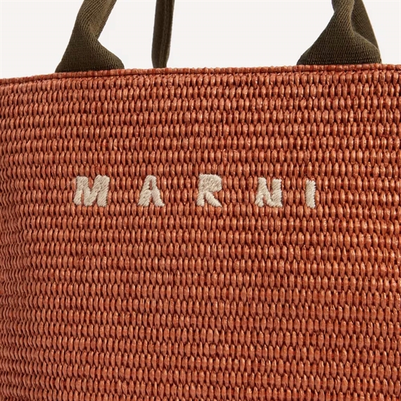 Marni Small Raffia Tote Bag, Brick/Olive 